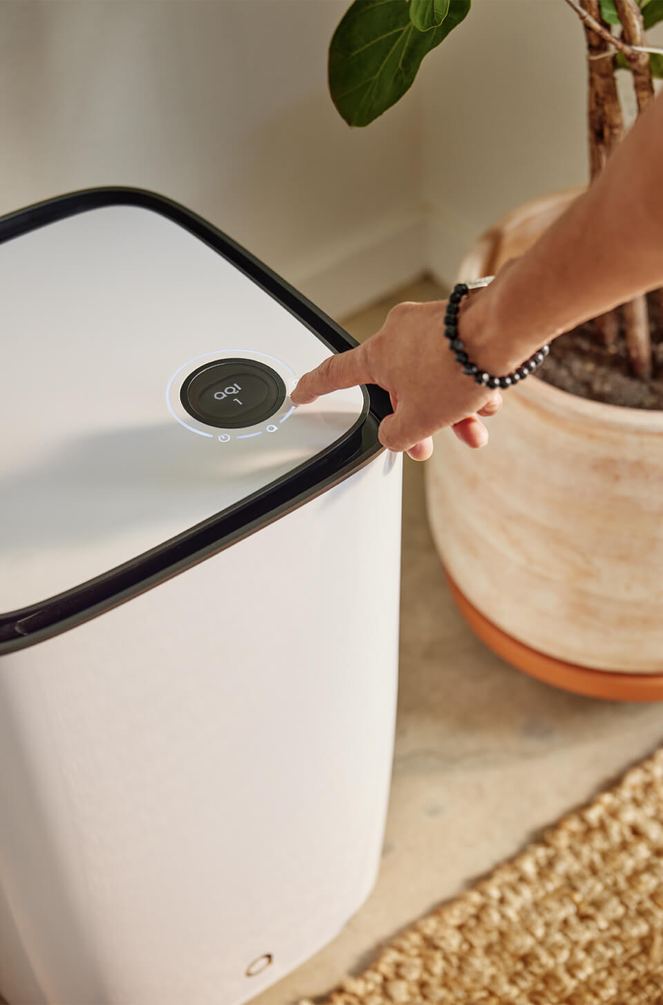Intuitive touchscreen provides device-setting changes and air quality at a glance